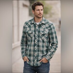 Wrangler Wrancher Men’s L Green Black Plaid Pearl Snap Western Shirt Long Sleeve